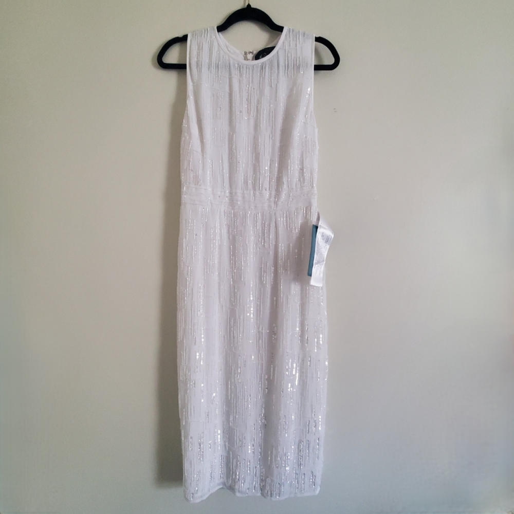 NWT Mac Duggal 93597 White Beaded Sleeveless Midi Sheath Dress -Size 8 - Picture 4 of 12